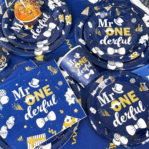Boy 1st Birthday Party Decorations Set, Mr Onederful Plates and Napkins Tableware Set for 20 Guests and Navy Blue Tablecloth Happy Birthday Banner Backdrop Cupcake Toppers Balloons Kit (111Pcs) in Kuwait