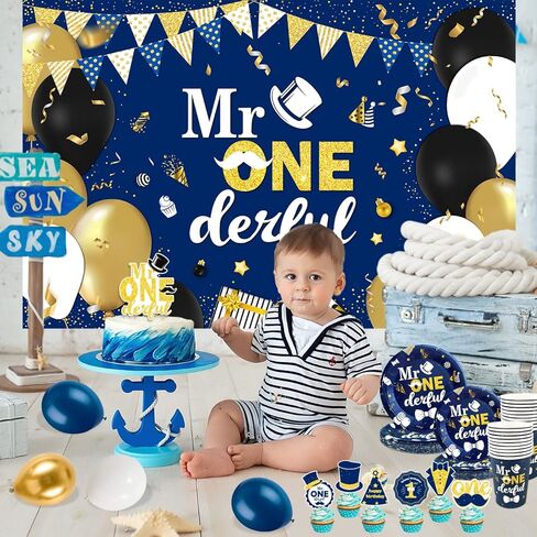 Boy 1st Birthday Party Decorations Set, Mr Onederful Plates and Napkins Tableware Set for 20 Guests and Navy Blue Tablecloth Happy Birthday Banner Backdrop Cupcake Toppers Balloons Kit (111Pcs) in Kuwait