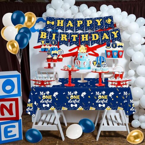 Boy 1st Birthday Party Decorations Set, Mr Onederful Plates and Napkins Tableware Set for 20 Guests and Navy Blue Tablecloth Happy Birthday Banner Backdrop Cupcake Toppers Balloons Kit (111Pcs) in Kuwait