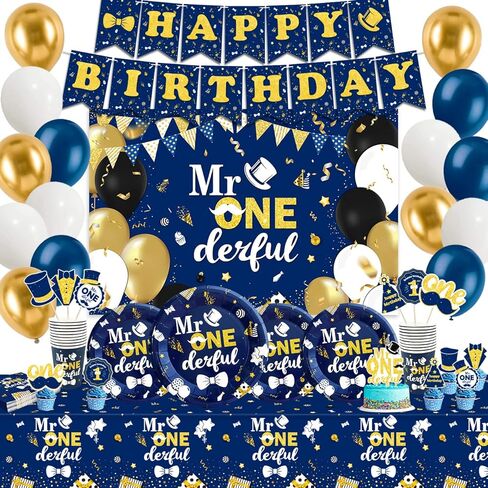 Boy 1st Birthday Party Decorations Set, Mr Onederful Plates and Napkins Tableware Set for 20 Guests and Navy Blue Tablecloth Happy Birthday Banner Backdrop Cupcake Toppers Balloons Kit (111Pcs) in Kuwait