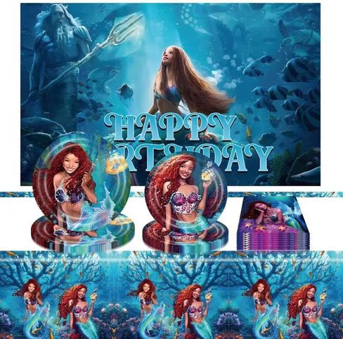 TOPTAMP 2023 Little Mermaid Party Supplies,Plates and Napkins Rectangular Tablecloth Cover Backdrop Table Decoration Birthday Party Decor Mermaid Theme Princess in Kuwait