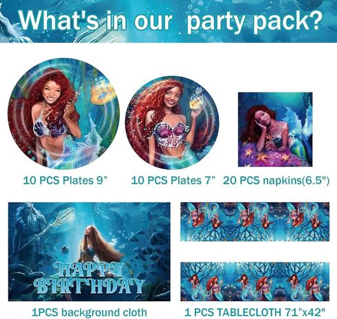 TOPTAMP 2023 Little Mermaid Party Supplies,Plates and Napkins Rectangular Tablecloth Cover Backdrop Table Decoration Birthday Party Decor Mermaid Theme Princess in Kuwait