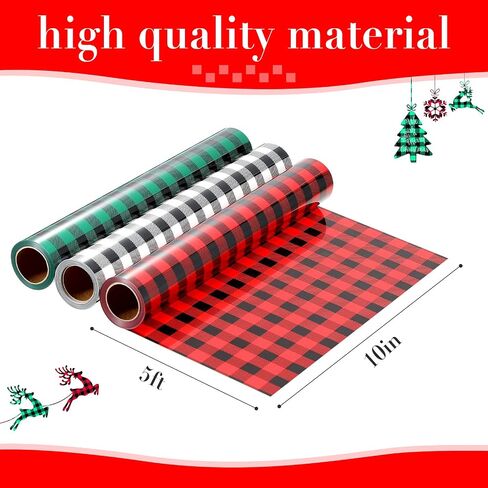 Christmas Buffalo Plaid Heat Transfer HTV Iron on Vinyl Adhesive Sheet 10in x 15ft 3 Rolls Xmas Patches Reflective DIY Fabric T-Shirts Crafts Christmas Decoration (Green Red Black and White Plaid) in Saudi Arabia