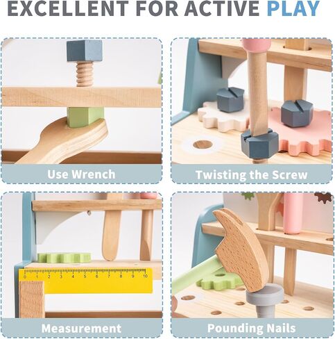 ROBOTIME Tool Bench Set for Toddlers - Mini Wooden Work Bench for Kids, Construction Toys w/Wooden Tools, Educational Pretend Play Gift Building Toy Tools Set for 18 Months 2 3 4 5 Boys Girls in Saudi Arabia