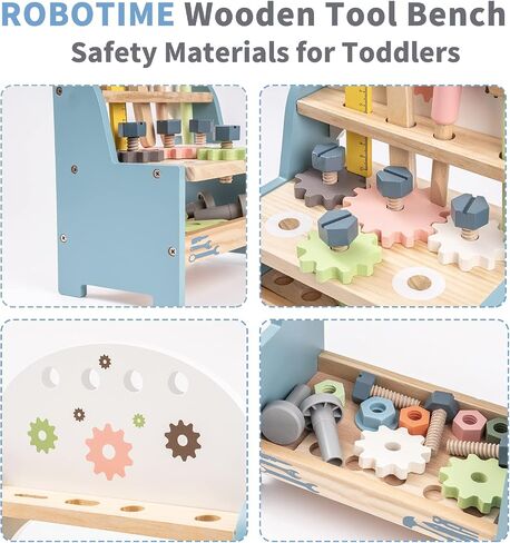 ROBOTIME Tool Bench Set for Toddlers - Mini Wooden Work Bench for Kids, Construction Toys w/Wooden Tools, Educational Pretend Play Gift Building Toy Tools Set for 18 Months 2 3 4 5 Boys Girls in Saudi Arabia