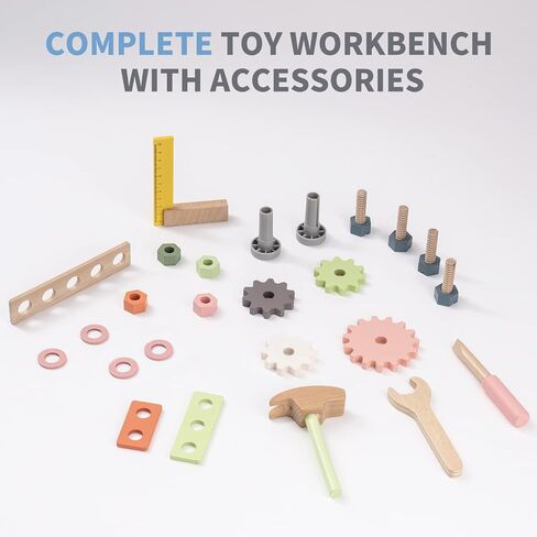 ROBOTIME Tool Bench Set for Toddlers - Mini Wooden Work Bench for Kids, Construction Toys w/Wooden Tools, Educational Pretend Play Gift Building Toy Tools Set for 18 Months 2 3 4 5 Boys Girls in Saudi Arabia