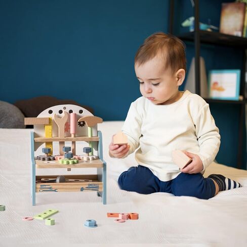 ROBOTIME Tool Bench Set for Toddlers - Mini Wooden Work Bench for Kids, Construction Toys w/Wooden Tools, Educational Pretend Play Gift Building Toy Tools Set for 18 Months 2 3 4 5 Boys Girls in Saudi Arabia