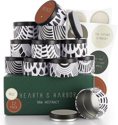 Hearth & Harbor Tin Candle Jars for Making Candles - DIY Candle Containers with Lids - Metal Candle Jars - Bulk Tins Storage for Candle (24, Abstract Shapes) in Kuwait