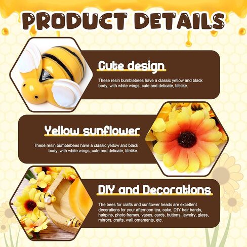 50 قطعة من Yzzsjc ديكور النحل الصغير من الراتنج مع 50 قطعة من الحرير الاصطناعي الصغير رؤوس عباد الشمس الصفراء 3 مقاسات على شكل نحلة تلعثم حرفية ونسيج تزيين زهور عباد الشمس DIY ديكور in Kuwait