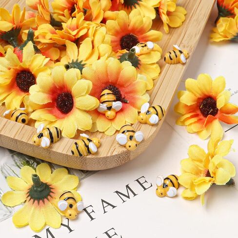 50 قطعة من Yzzsjc ديكور النحل الصغير من الراتنج مع 50 قطعة من الحرير الاصطناعي الصغير رؤوس عباد الشمس الصفراء 3 مقاسات على شكل نحلة تلعثم حرفية ونسيج تزيين زهور عباد الشمس DIY ديكور in Kuwait
