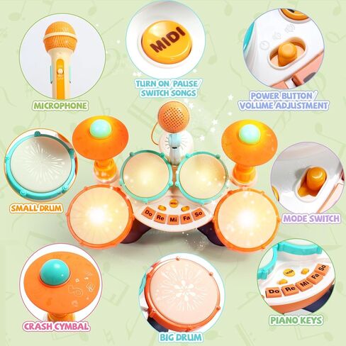 مجموعة طبول للأطفال مجموعة طبول للأطفال الصغار من 1 إلى 3 ألعاب موسيقية مع ميكروفون للأطفال الصغار ألعاب لعمر سنة واحدة للأولاد والبنات هدايا عيد الميلاد الأولى تضيء لعبة تعليمية للأعمار من 1 إلى 3 سنوات (لون عشوائي) in Kuwait