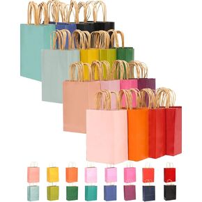 qiqee 32-Packs Paper Bags with Handles Bulk 8.26"×6"×3.15" Small Gift Bags 16 Different Senior Color Bags Multiple Uses（Small Size）