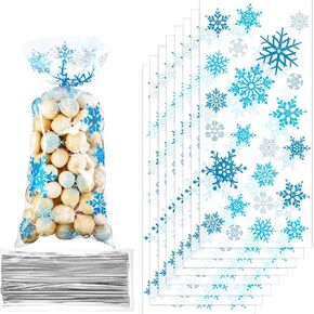 Christmas Cellophane Bags Winter Snowflake Holiday Treat Bags Blue Plastic Candy Goodie Bags with Twist Ties for Winter Xmas Wonderland Birthday Holiday Party Favors(100 Counts) in Saudi Arabia
