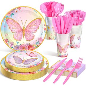 Meanplan Serves 24 Guests Butterfly Fairy Happy Birthday Plates and Napkins Birthday Baby Shower Party Decorations for Girls Included Cups Knives Forks Spoons Total 168 Pcs (Mermaid Style)