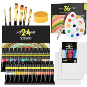 مجموعة طلاء أكريليك ماجيك فلاي 36 قطعة، 24 لونًا (12 مل/0.4 أونصة) مجموعة طلاء أكريليك أصباغ غنية مع 6 فرش طلاء، 3 لوحات قماشية، 1 سكاكين طلاء، 1 لوحة وإسفنجة، هدايا مثالية للمبتدئين والأطفال in Kuwait
