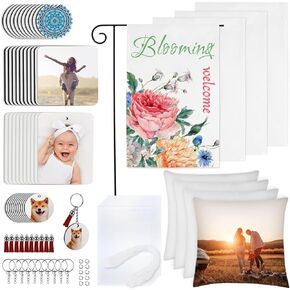 Ainiv 89PCS Sublimation Blanks Products Set, Sublimation Blank Car Coaster, Keychain with Tassel, Pillow Covers, Garden Flags, Air Freshener Sheets for Sublimation Transfer Heat Press Printing Crafts