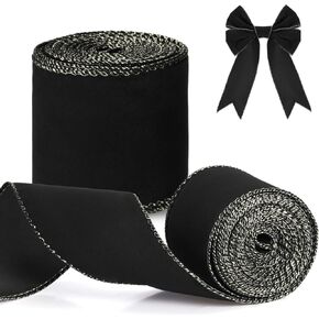 Riceshoot 2 Rolls Christmas Velvet Ribbon 2.5 Inch 20 Yards Xmas Velvet Wired Ribbon with Gold Edge for Christmas Tree Decorations Wreath Bow Making (Black)
