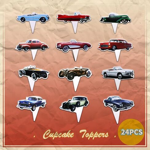Classic Cars 24 pcs Cupcake Toppers, 1950's Convertible Vintage Car Theme Party Supplies Favors,Cake Picks For Birthday Anniversary Wedding Engagement Party Decorations in Saudi Arabia
