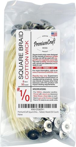 PremiumCraft Square Braid Cotton Candle Wick - #1/0, Tabbed, Waxed (50 Count) in Kuwait