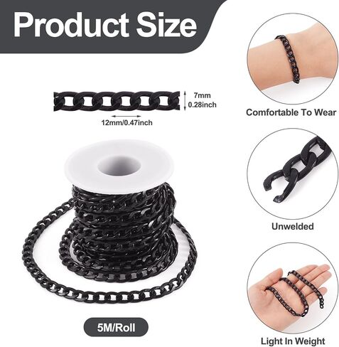 Beadthoven 1 لفة 16.4 قدم سلاسل كبح الألومنيوم 12x7x2mm الأسود الملتوية الروابط كابل قلادة سلسلة غير ملحومة مع بكرة لصنع المجوهرات in Kuwait