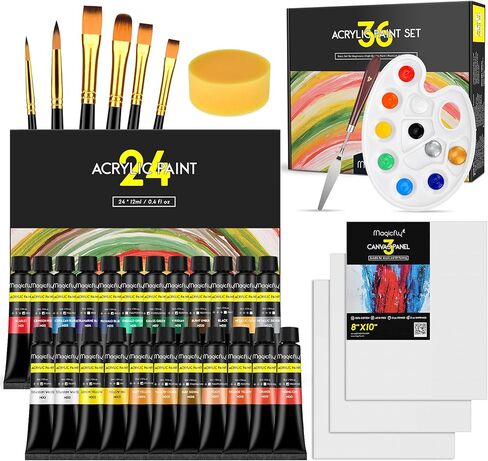مجموعة طلاء أكريليك ماجيك فلاي 36 قطعة، 24 لونًا (12 مل/0.4 أونصة) مجموعة طلاء أكريليك أصباغ غنية مع 6 فرش طلاء، 3 لوحات قماشية، 1 سكاكين طلاء، 1 لوحة وإسفنجة، هدايا مثالية للمبتدئين والأطفال in Kuwait