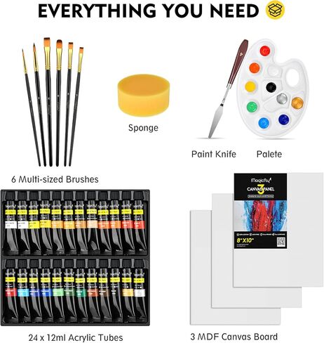 مجموعة طلاء أكريليك ماجيك فلاي 36 قطعة، 24 لونًا (12 مل/0.4 أونصة) مجموعة طلاء أكريليك أصباغ غنية مع 6 فرش طلاء، 3 لوحات قماشية، 1 سكاكين طلاء، 1 لوحة وإسفنجة، هدايا مثالية للمبتدئين والأطفال in Kuwait