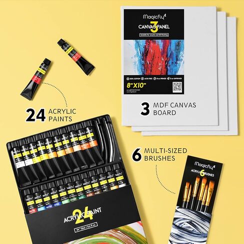 مجموعة طلاء أكريليك ماجيك فلاي 36 قطعة، 24 لونًا (12 مل/0.4 أونصة) مجموعة طلاء أكريليك أصباغ غنية مع 6 فرش طلاء، 3 لوحات قماشية، 1 سكاكين طلاء، 1 لوحة وإسفنجة، هدايا مثالية للمبتدئين والأطفال in Kuwait