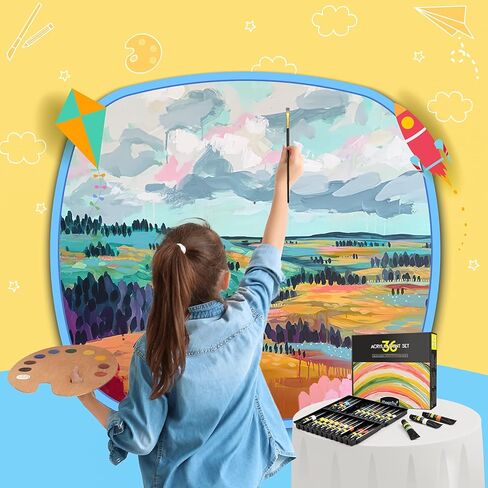 مجموعة طلاء أكريليك ماجيك فلاي 36 قطعة، 24 لونًا (12 مل/0.4 أونصة) مجموعة طلاء أكريليك أصباغ غنية مع 6 فرش طلاء، 3 لوحات قماشية، 1 سكاكين طلاء، 1 لوحة وإسفنجة، هدايا مثالية للمبتدئين والأطفال in Kuwait