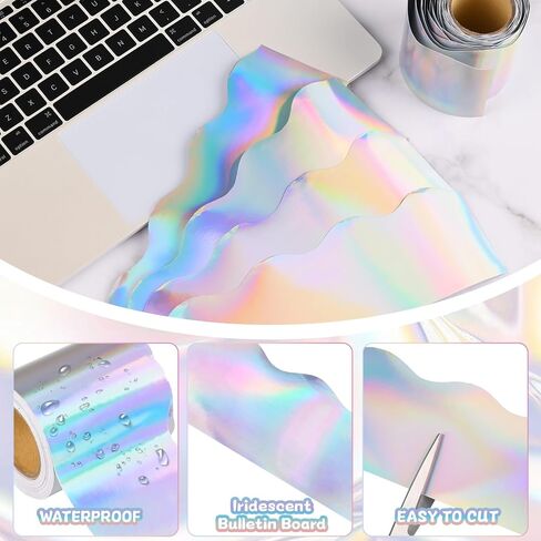 131 ft Iridescent Bulletin Board Borders,Iridescent Scalloped Rolled Border Trim Bulletin Board Decor for Classroom Home Office Decorations,4 Rolls in Saudi Arabia
