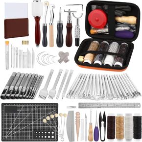 Leather Crafting Tools and Supplies, Leather Tooling Kit with Prong Punch Groovers Cutting Mat Stamping Tools Leather Working Kit for Beginners Sewing Carving Cutting and Leather Craft DIY Making in Kuwait