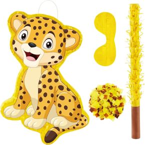 Small Leopard Pinata Cheetah Pinata Jungle Safari Party Decorations for Birthday Wild Animal Theme Party Supplies with Pinata Stick Blindfold Confetti Set for Kid and Adults