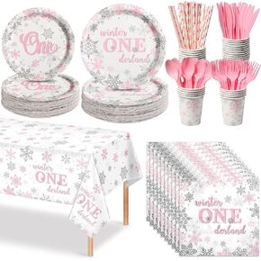 202Pcs Christmas Winter Onederland 1st Birthday Party Supplies Pink Silver Snowflake Disposable Tableware Paper Plates Napkins Cups Tablecloths Sets for Baby Girls Holiday Party Decorations, Serve 25