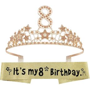 EBE EmmasbyEmma وشاح عيد الميلاد الثامن وتاج للفتيات - وشاح لامع رائع + السماء المرصعة بالنجوم حجر الراين الوردي تاج معدني فاخر للفتيات، هدايا عيد الميلاد الثامن لحفلة الأميرة in Kuwait