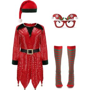 فستان أزياء Oumbivil Kids Elf للفتيات أزياء عيد الميلاد سانتا هيلبر مع نظارات قبعة قزم وجوارب عالية مخططة in Kuwait