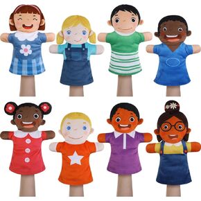 Poen 8 Pcs Hand Puppets Set for Kids Multicultural Hand Puppets Bulk Soft Plush Puppets for Toddlers Learning Interaction and Suitable for Home Daycare School Classroom Role Play Puppet Theater Shows