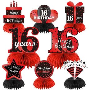 Red Black 16th Birthday Decorations Table Honeycomb Centerpieces, 8Pcs Happy 16 Year Old Birthday Table Topper Party Supplies for Boys Girls, Sixteen Birthday Table Centerpiece Decor