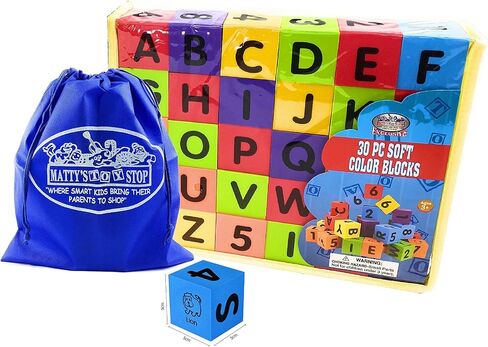 Deluxe 2" EVA Foam Colorful Building Blocks (30 PCS) Featuring Abc's, Numbers & Pictures with Bonus Matty's Toy Stop Storage Bag in Saudi Arabia