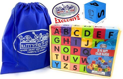 Deluxe 2" EVA Foam Colorful Building Blocks (30 PCS) Featuring Abc's, Numbers & Pictures with Bonus Matty's Toy Stop Storage Bag in Saudi Arabia