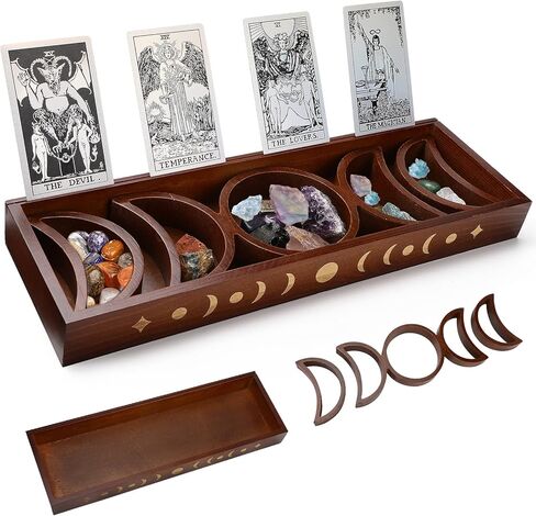 حامل بطاقة التارو، حامل كريستال BestMal لعرض الأحجار، حامل بطاقة التارو الخشبي مع 5 صينية مرحلة القمر قابلة للفصل، صندوق بطاقة التارو لعرض التارو لقراءة لوازم مذبح الويكا الزخرفية in Kuwait