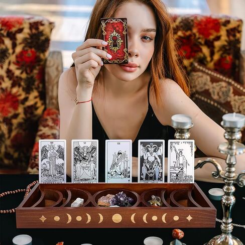 حامل بطاقة التارو، حامل كريستال BestMal لعرض الأحجار، حامل بطاقة التارو الخشبي مع 5 صينية مرحلة القمر قابلة للفصل، صندوق بطاقة التارو لعرض التارو لقراءة لوازم مذبح الويكا الزخرفية in Kuwait