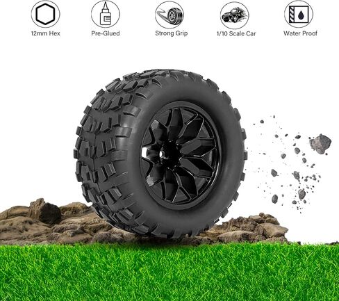 إطارات وعجلات RCMOXETO 12 مم سداسية RC مقاس 1/10، إطارات وعجلات RC لشاحنة RC مُلصقة مسبقًا وإطارات مع حشوات إسفنجية لـ Traxxas Rustler VXL Stampede Redcat Volcano EPX Pro Blackout XTE إلخ 4 قطع in Kuwait