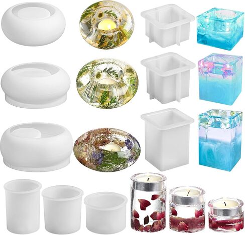 Candle Holder Resin Molds, 9 Pcs Cylindrical Square and Round Tealight Candle Holder Silicone Molds, Candlestick Epoxy Resin Molds for DIY Dining Table Centerpiece Home Wedding Decorations in Saudi Arabia