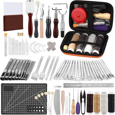 Leather Crafting Tools and Supplies, Leather Tooling Kit with Prong Punch Groovers Cutting Mat Stamping Tools Leather Working Kit for Beginners Sewing Carving Cutting and Leather Craft DIY Making in Kuwait