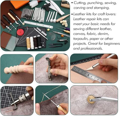 Leather Crafting Tools and Supplies, Leather Tooling Kit with Prong Punch Groovers Cutting Mat Stamping Tools Leather Working Kit for Beginners Sewing Carving Cutting and Leather Craft DIY Making in Kuwait