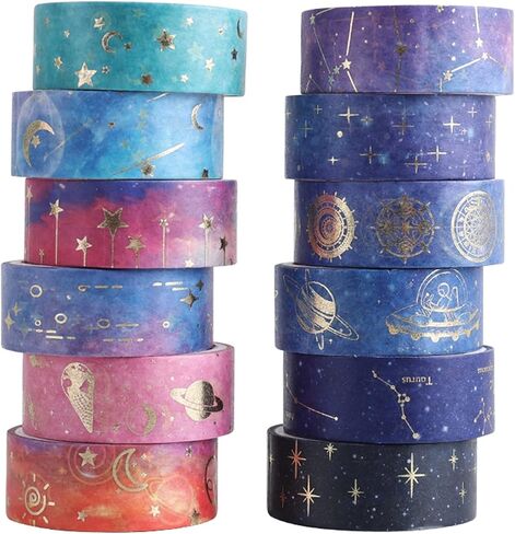 شريط واشي أرجواني من AEBORN Galaxy - شريط قناع واشي من رقائق الذهب مع كوكبة، سماء زرقاء، قمر، نجمة، سماوية، مثالي لمجلة الرصاص، الحرف اليدوية اليدوية in Kuwait