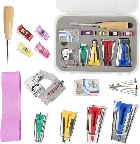 زدكارفا مجموعة صنع شريط التحيز - أدوات ربط اللحاف 4 مقاسات صانع شريط التحيز مع شريط متحيز ارجواني بطول 2 ياردة لخياطة القماش بنمط فريد خاص بك in Kuwait