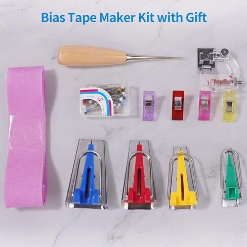 زدكارفا مجموعة صنع شريط التحيز - أدوات ربط اللحاف 4 مقاسات صانع شريط التحيز مع شريط متحيز ارجواني بطول 2 ياردة لخياطة القماش بنمط فريد خاص بك in Kuwait