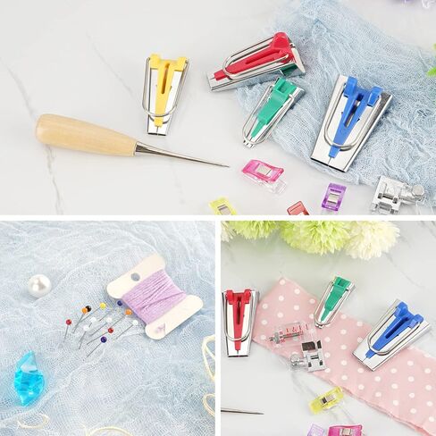 زدكارفا مجموعة صنع شريط التحيز - أدوات ربط اللحاف 4 مقاسات صانع شريط التحيز مع شريط متحيز ارجواني بطول 2 ياردة لخياطة القماش بنمط فريد خاص بك in Kuwait