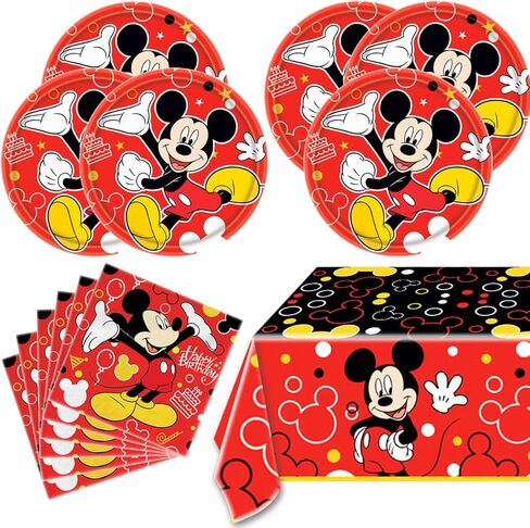 لوازم حفلات أعياد الميلاد ميكي، 16 طبق + 20 منديل + مفرش طاولة واحد، لوازم تزيين الحفلات ميكي. in Kuwait