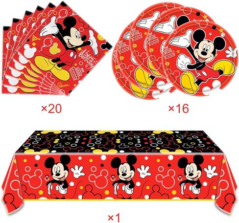 لوازم حفلات أعياد الميلاد ميكي، 16 طبق + 20 منديل + مفرش طاولة واحد، لوازم تزيين الحفلات ميكي. in Kuwait